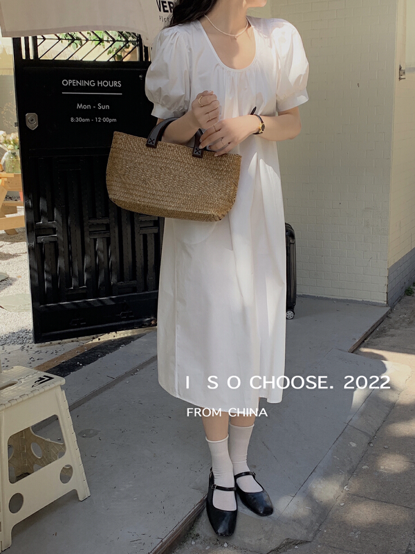 New in early summer! [ISO Korean] round neck Korean version bubble short sleeve loose dress 66099# hjy