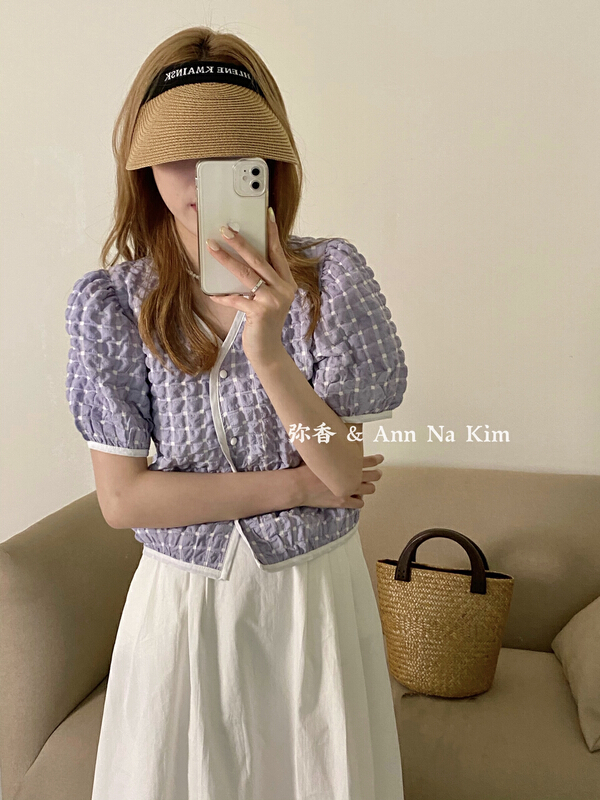 [Mi Xiang] V-neck bubble sleeve fashion shirt 5326# hjy