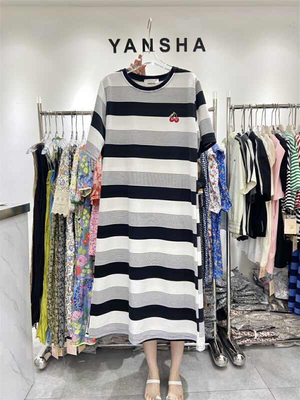 [Yan Sha] simple striped embroidered cherry dress 180# CLS