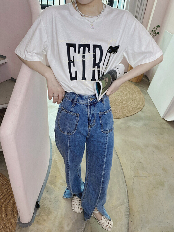 [twins] simple personalized letter versatile short sleeve T-shirt (with Brooch) 3062# hjy