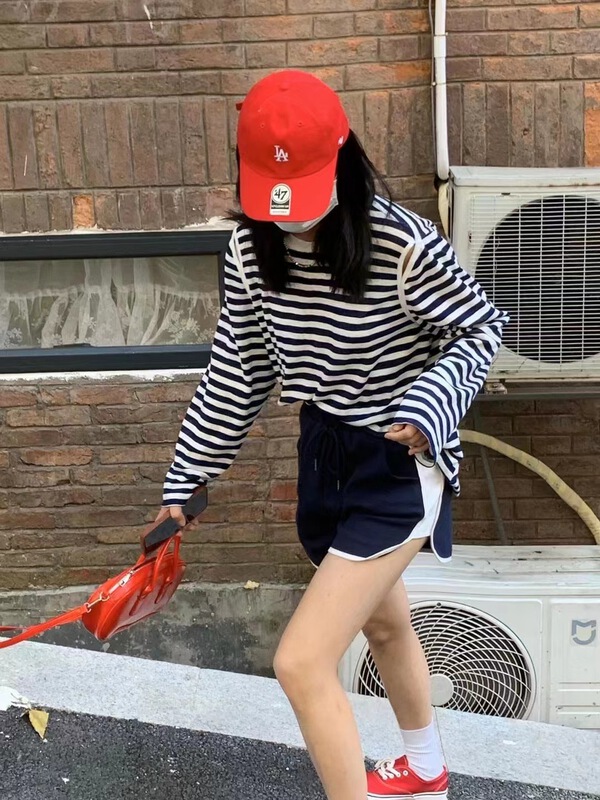 New in early summer! [OIT] Korean striped long sleeved T-shirt + slim casual pants shorts set 9078# HBx