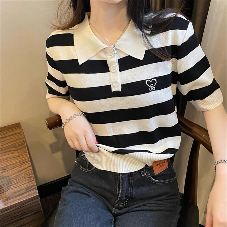 [Weika] Polo neck stripe loose short sleeve T-shirt 8232# lwy