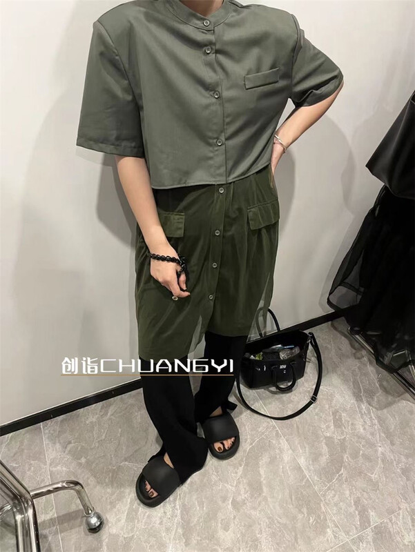 goods in stock! New in early summer! [Chuangyi] mesh spliced breasted pleated blouse 5706# WTT