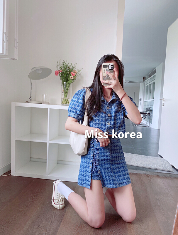 初夏上新!【MISS KOREA】韓版短款千鳥格牛仔外套+韓系顯瘦牛仔辣妹套裝  6572#  HBX