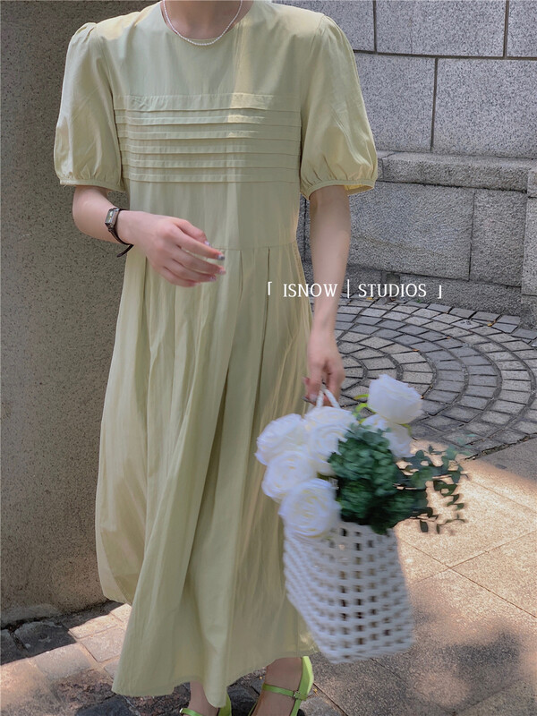[I snow] lady round neck bubble sleeve long skirt waist closing dress 213377# WPL