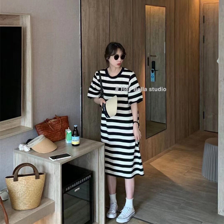 [hey Bella] round neck striped lady dress 1351# ll