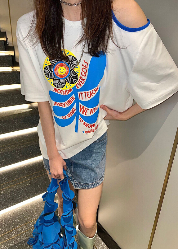 [Nancy] contrast color large flower print short sleeve T-shirt 6327# WPL