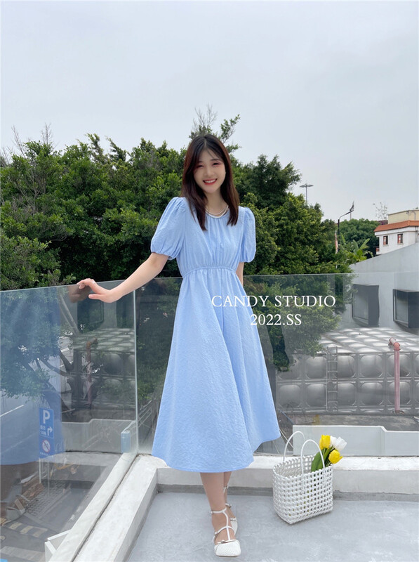 [candy] French round neck bubble sleeve sweet dress (with detachable chain) 8183# zjy