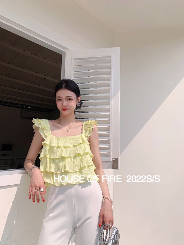 In early summer! [huohuohuoress] sweet pure color bead chain layer upon layer lotus leaf shirt 22088\ozq