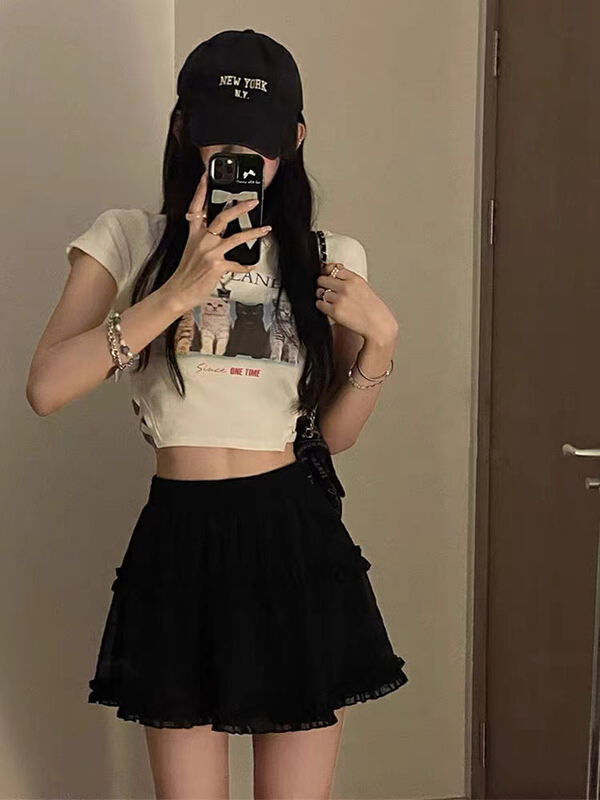 [fan fan] fashion hem cut-out stitching cat pattern short sleeve T-shirt (T-shirt only) 5856# JJ