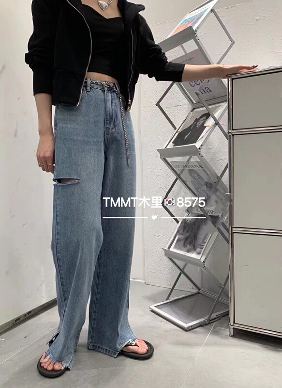 goods in stock! New in early summer! [Jiajia] Korean version of high waist, wide leg, broken hole and mopping jeans 8575# L