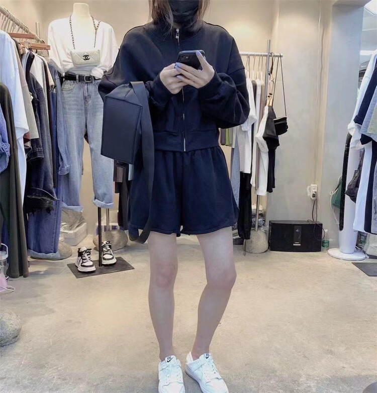 [g.gray] comfortable zipper jacket + versatile casual Shorts Set dk398# L