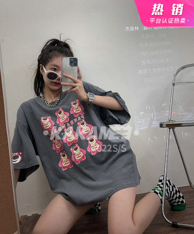 [kakamee] pink strawberry bear printed letters short sleeve T-shirt (T-shirt only) s393# LSL