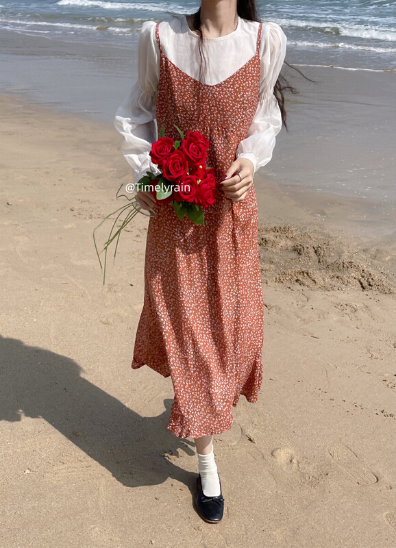 New year in early spring! [timely rain] Han Feng ins sweet broken flowers show thin V-neck loose suspender dress 02010# jhy