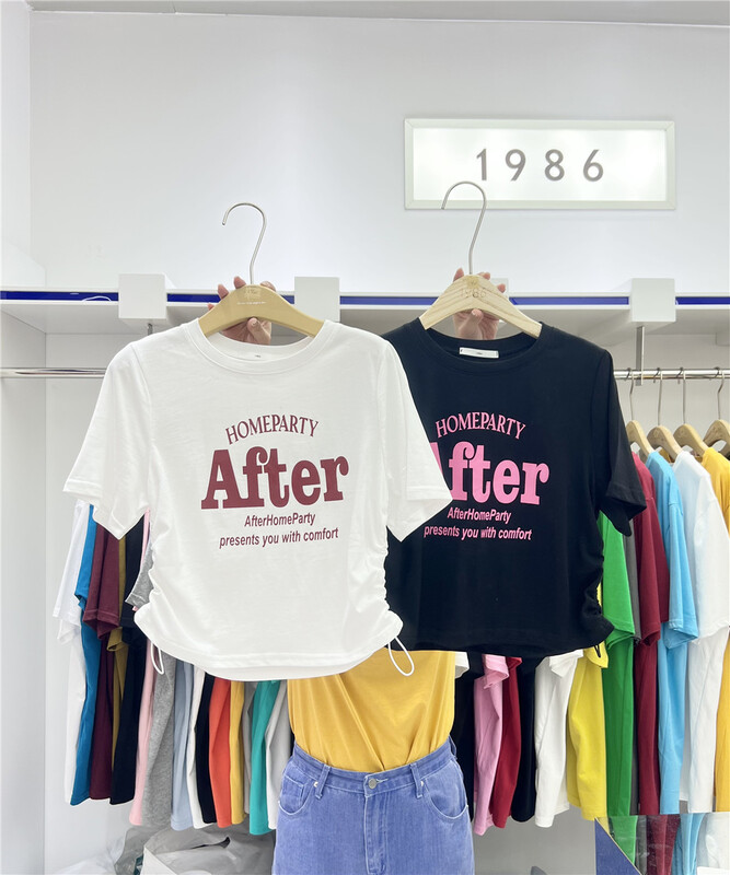 New in early summer! [1986] Korean alphabet drawstring short sleeved T-shirt c560# LSL