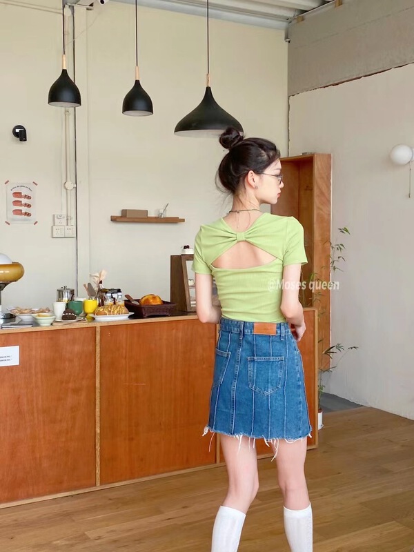 [moss queen] simple back hollow knit shirt lq-50291# XYY