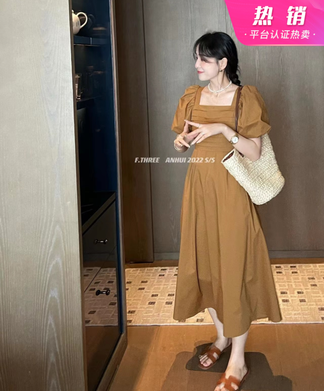 [f.three] square neck upper body Pleated Dress 87322# XJ
