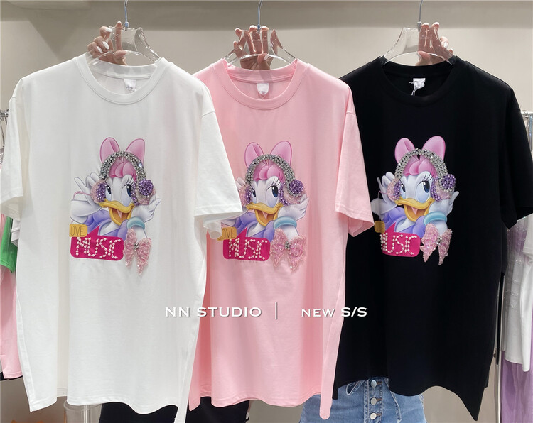 New in early summer! [NN] Korean cartoon heavy industry nail bead short sleeve T-shirt 9597# XYY