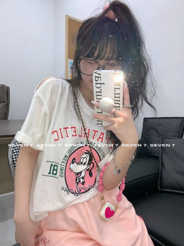 [seven 7] off shoulder versatile print short sleeve T-shirt 8215# WTT