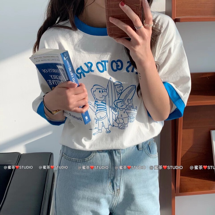 [rara] letter print contrast short sleeve T-shirt 30078# LSL