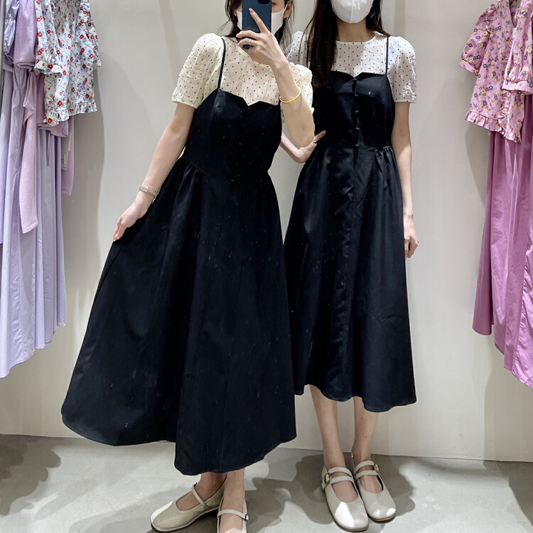 New in early summer! [from. V] fashion Korean suspender skirt + wave point simple blouse set 7918-1# ll