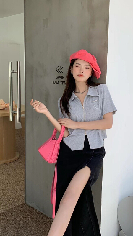 New in early summer! [qixuan'er] Korean fashion metal chain irregular hem Polo short sleeve shirt 2637# LSW