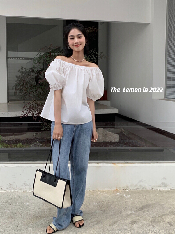 New in early summer! [lemon green tea] Korean version simple one line collar shirt 2113# hjy