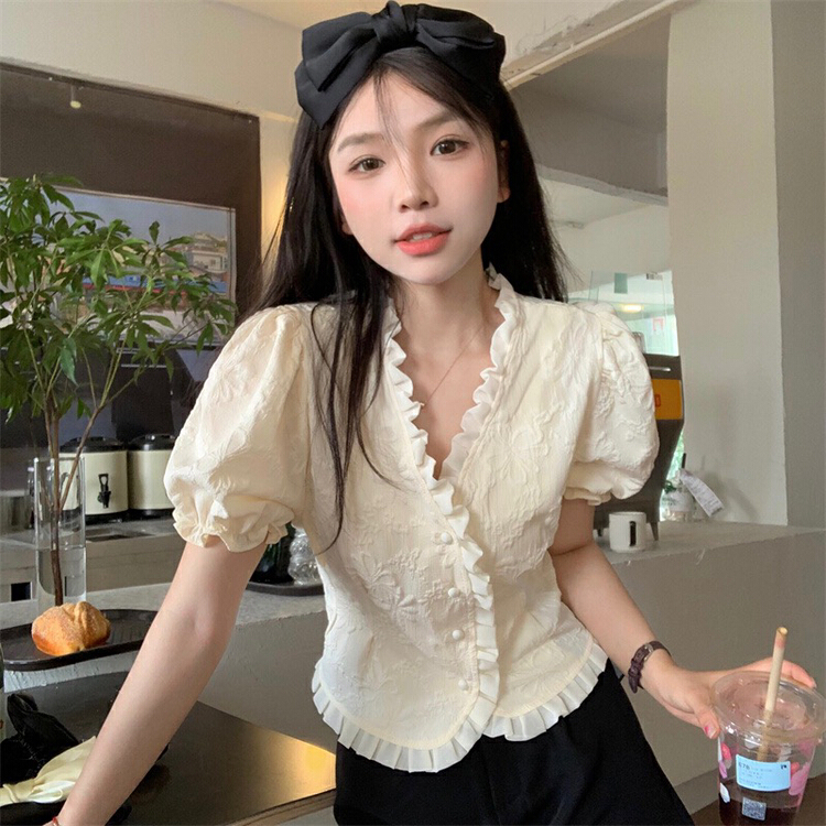 New in early summer! [dolly] French V-neck heavy industry jacquard short shirt 2021# LSW