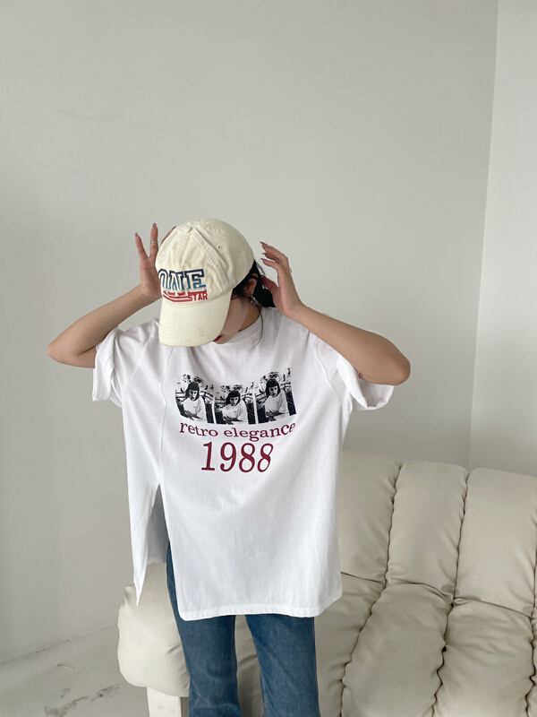 [rainbow] side slit 1988 contrast letters short sleeve T-shirt 28620\wtt