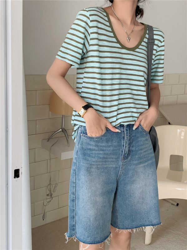 [lini] Korean round neck classic stripe short sleeve T-shirt 121c139# zxx