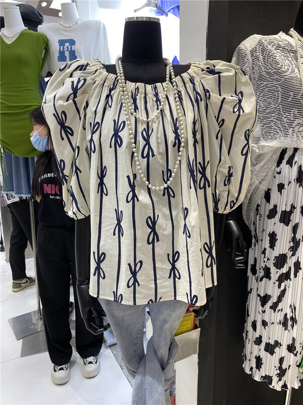 [web sensing] round neck bubble sleeve bow tie blouse (only selling blouses) a969# ozq