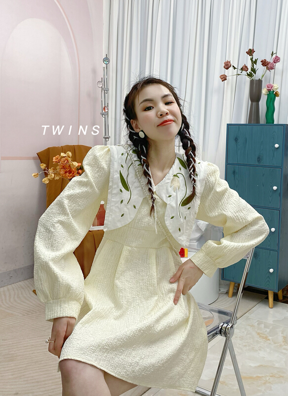New year in early spring! [twins] Korean version of Lady temperament large lapel embroidery dress 8036# hjy