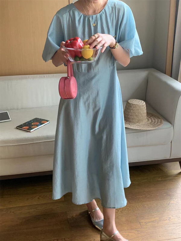 [ouur] Korean soft round neck medium length dress 50676# XJ
