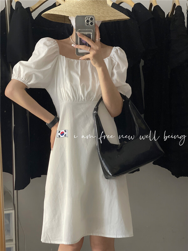[free studio] Korean version of little women's square neck waist dress 2223# hjy