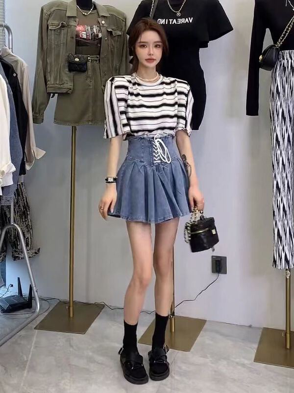 New in early summer! [Baobao] fashion stripe short sleeve T-shirt + high waist lace up denim skirt suit (only suit) 5698# ozq
