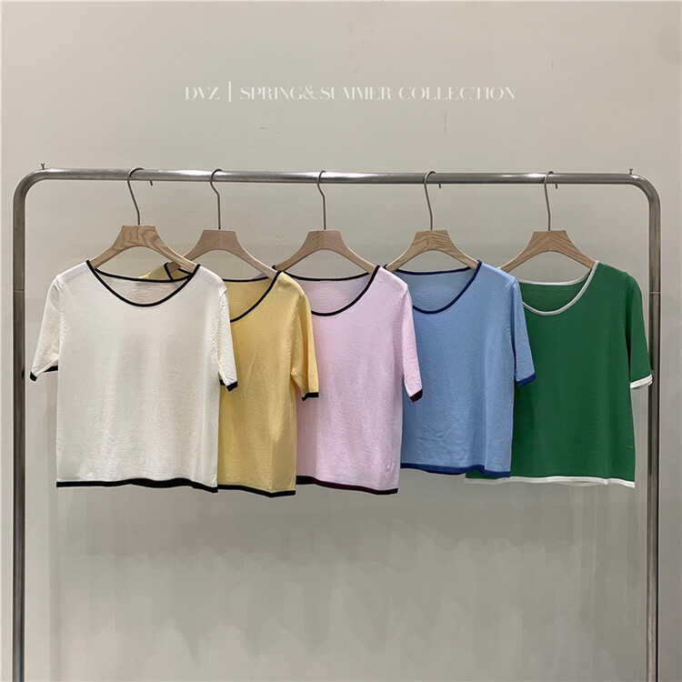 [dvz] contrast edge round neck versatile T-shirt 2095# zxx