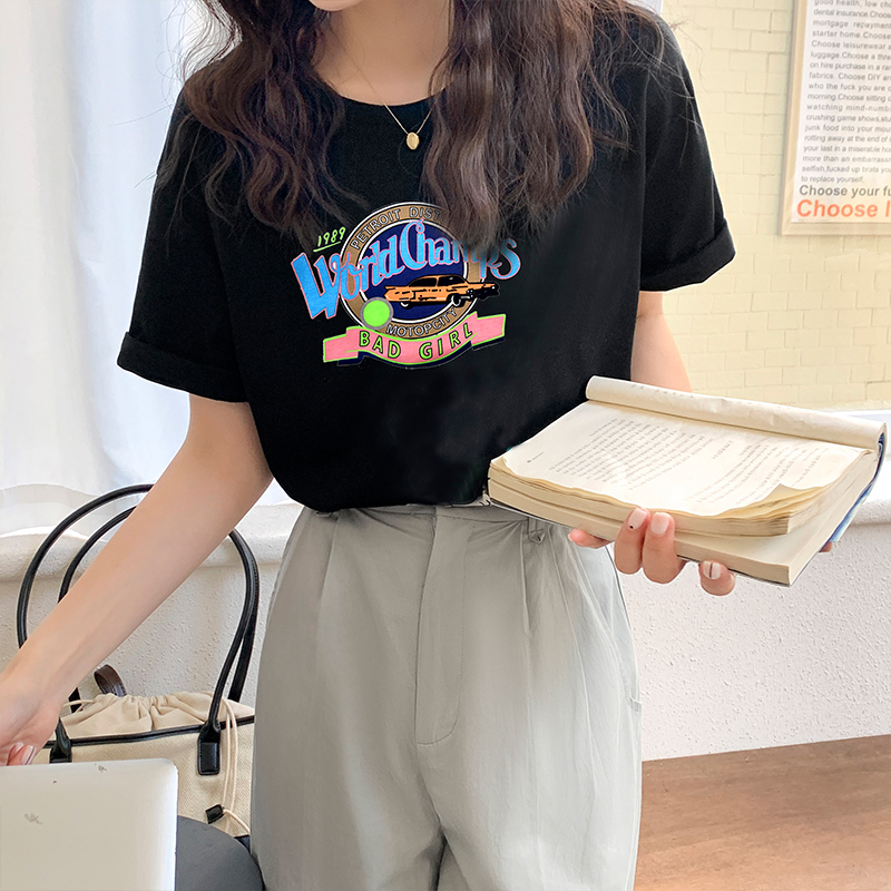 Real price black short sleeve T-shirt women's summer 2022 new Korean cotton round neck half sleeve printed T-shirt