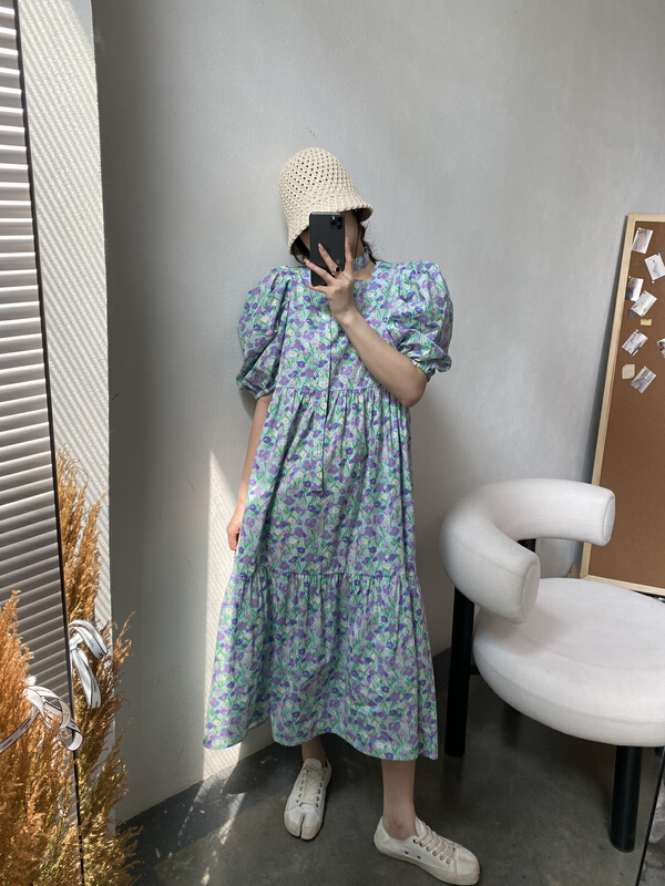 New in early summer! [modern 197] elegant retro floral bubble sleeve dress (with belt) 5002-1# zyh