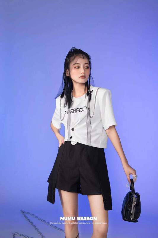 [Mumu season] letter shoulder pad versatile short sleeve T-shirt 6128# zxl