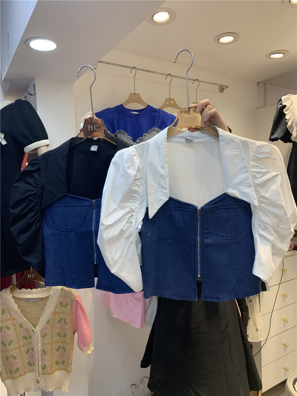 New in early summer! [Han C family] temperament niche design bubble sleeve splicing shirt 95522# PCZ