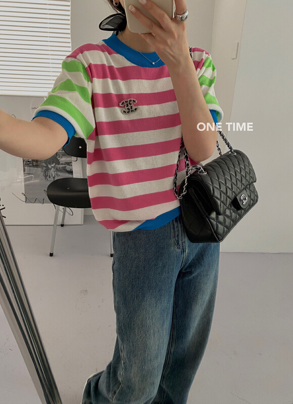 New in early summer! [one time] striped contrast thin T-shirt xw5025# CLS