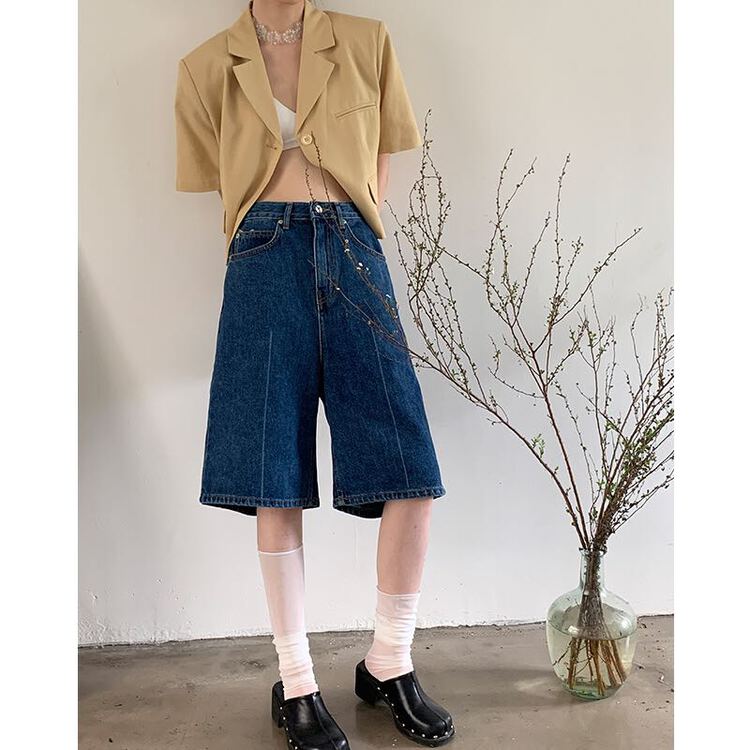goods in stock! New in early summer! [m.five soul] Korean dongdamen high waist A-shaped straight tube wide leg five point denim shorts 22025# CLS