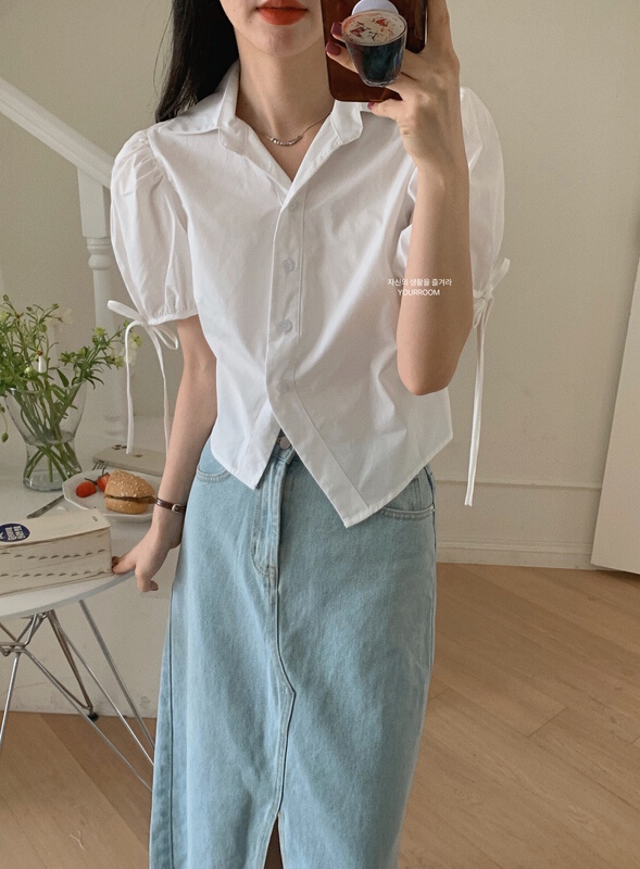 [your room] Korean tied rope bubble sleeve short shirt 085# cqw