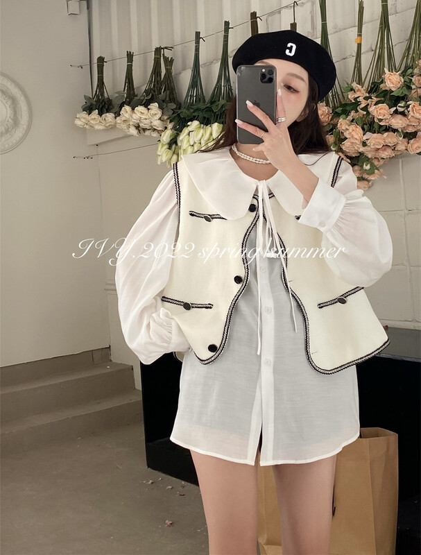 Spot! New in early spring! "Ivy" temperament gentle lotus collar shirt with webbing design vest suit 88106# XJ