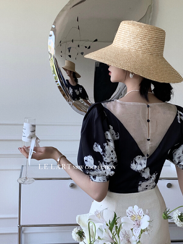 [le lart] high fashion French New Chinese printed bubble sleeve blouse ll5497# XYJ