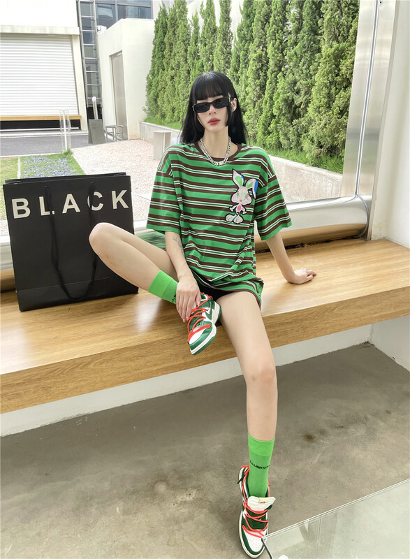 [3 + 2] Korean loose cartoon nail bead design Short Sleeve T-shirt 3246# WPL