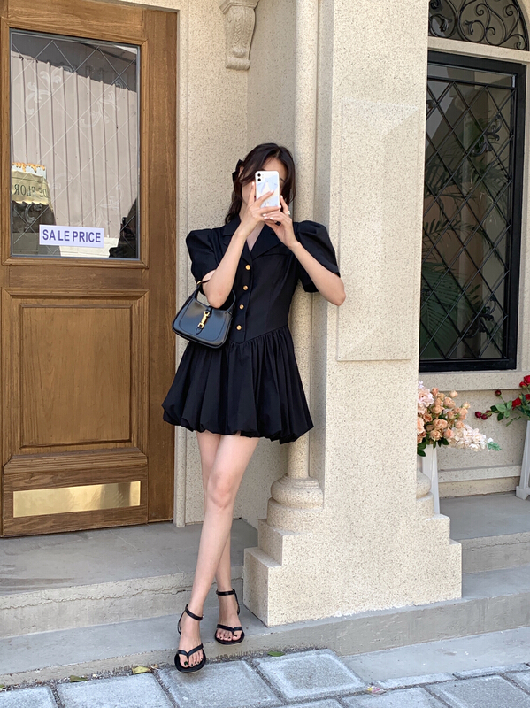 goods in stock! [vis type] temperament heavy industry gold button dress 3277# hjy