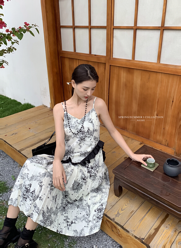goods in stock! New in early summer! [neihe] ink print suspender dress 22215# zxx