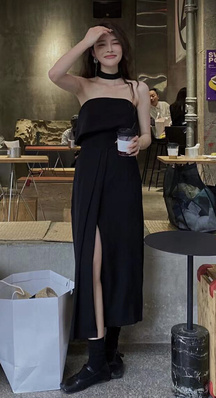 [half plain] Korean version simple temperament strapless dress u535# ZSY