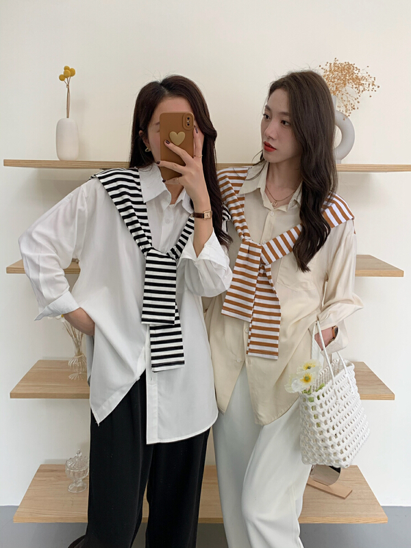 New year in early spring! [victory. 2] fake two piece stitched stripe shirt b63# jhy